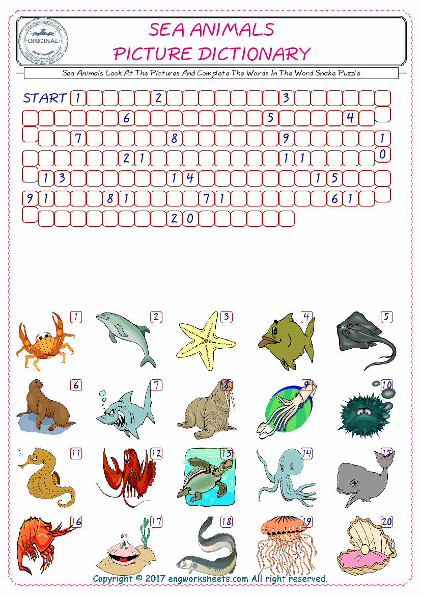  Check the Illustrations of Sea Animals english worksheets for kids, and Supply the Missing Words in the Word Snake Puzzle ESL play. 